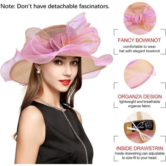 Derby Hats for Women, Classy Organza Sun Hat, Brown Pink main image 4